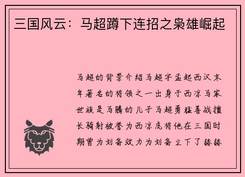 三国风云：马超蹲下连招之枭雄崛起